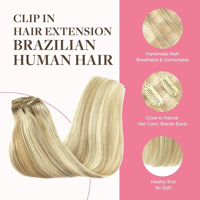 GOO GOO Clip in Hair Extensions Real Human Hair, Remy Human Hair Extensions Clip ins for Women, Natural Human Hair, 24inch 150g 9Pcs, #18A/613A Dark Blonde Highlighted Bleach Blonde