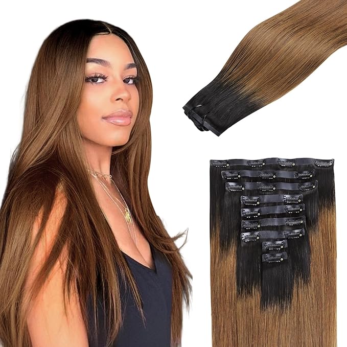 Lashey Seamless Clip in Hair Extensions Human Hair 130g 9pcs 18 Inch Ombre Natural Black to Medium Auburn Straight Clip in Hair Extensions for Women