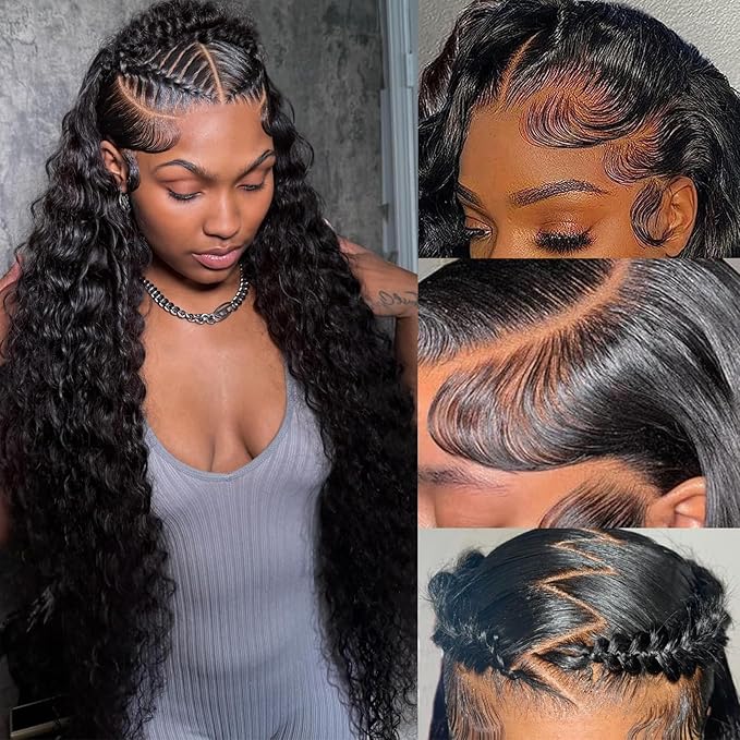 32 Inch 13x6 HD Transparent Deep Wave Lace Front Wigs Human Hair 200 Density Pre Plucked Deep Wave Wig Glueless Wigs Human Hair Lace Frontal Wigs 12A Curly Human Hair Wig for Women