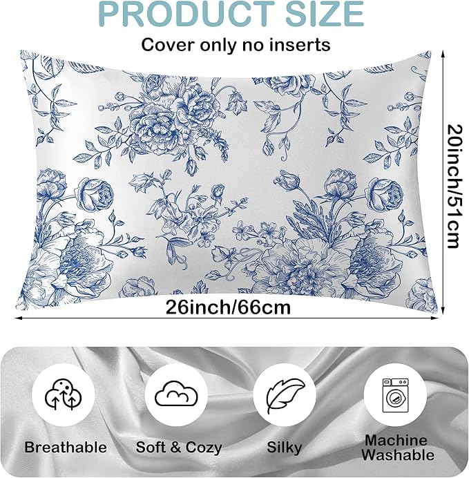 Satin Pillowcase 1 Pack-Blue Flowers Peonies Roses Silky Pillow Cover for Hair and Skin,Standard Size 20x26 Inch Soft Cooling Printed Pillow Cases with Hidden Zipper,Gifts for Women Men