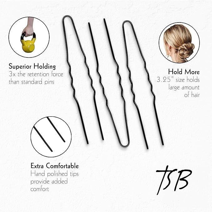 TSB Fura No.1 Professional Black Jumbo Hair Pins Set of 30-3.25 inches, 3x Retention, Vintage Style - Ideal for Weddings & Fashion Events - Comfortable, Non-Slip & Strong Hold