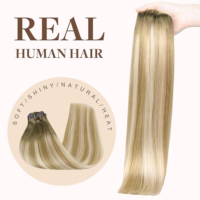 GOO GOO Clip in Hair Extensions Real Human Hair, Remy Human Hair Extensions Clip ins for Women, Natural Human Hair, 18inch 130g 7Pcs, 5A/90/16F Bahamian Balayage