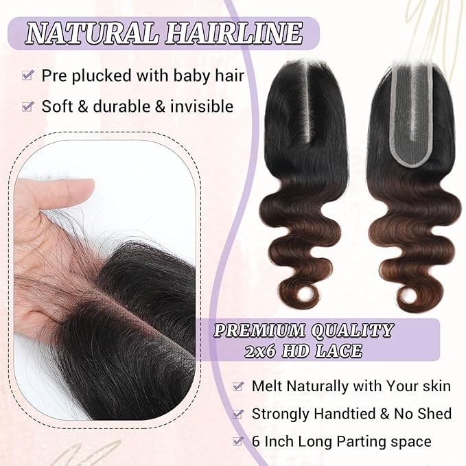 2x6 HD Lace Closure Body Wave Human Hair T1B/2/30 Chestnut Brown Ombre Transparent Lace Closure 2x6 Long Middle Part 100% Raw Virgin Human Hair 20 Inch 150% Density