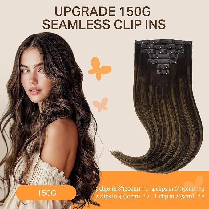 DOORES Hair Extensions Clip in Human Hair, Dark Brown to Chestnut Brown 9pcs 130g 14 Inch, Remy Seamless Clip in Extensions Straight Thick Invisi Edge Weft