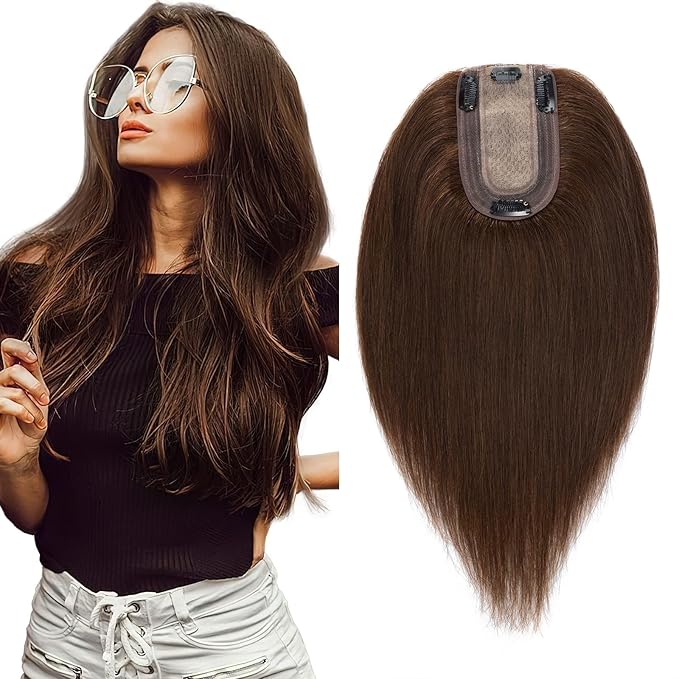 SEGO Real Human Hair Topper for Women, Toppers with Thinning hair No Bangs with 4 Anti-Slip Clips (10 Inch#4 Medium Brown)
