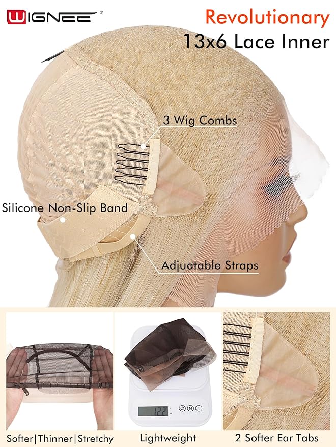WIGNEE 13x6 Synthetic Lace Front Wig 28" Blonde Wig Pre-Plucked Handmade Lace Front Wigs with Kanekalon Futura Hair Voluminous Long Straight Synthetic Wigs for Daily Party Use