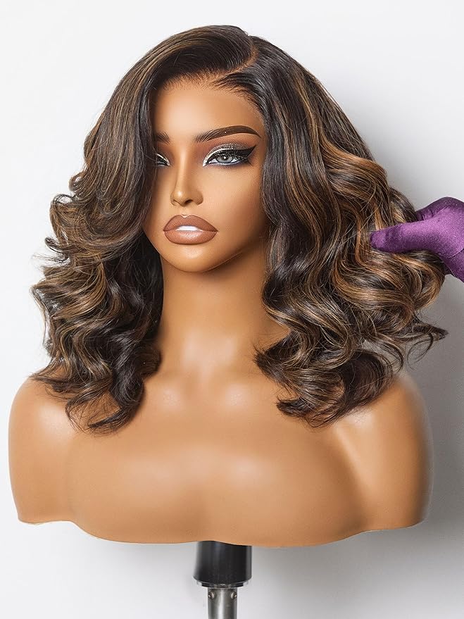 LUVME HAIR 100% Human Hair Wigs Loose Wave Glueless Lace Front 14 Inches, Pre Cut Plucked Hd Lace Short Wig Ready To Go Highlight Color Straight Bleached Knots Side Part Wigs