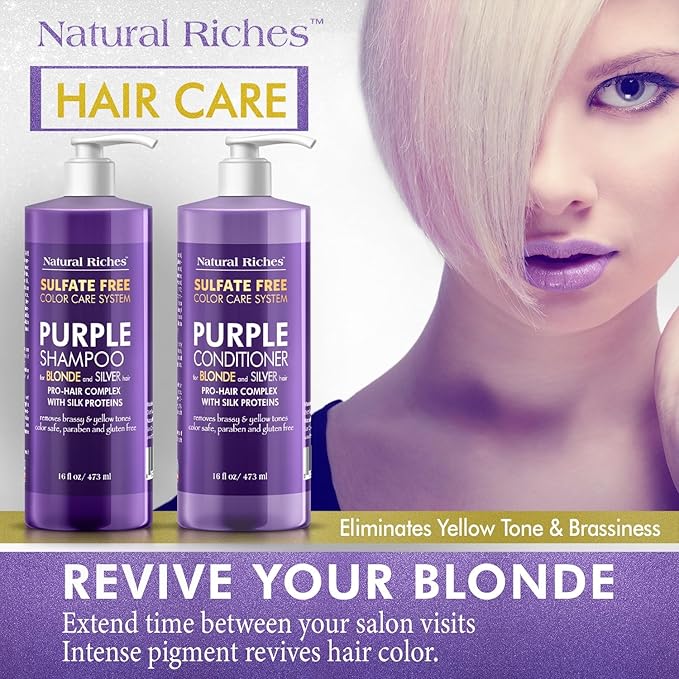 Natural Riches Purple Shampoo and Conditioner Set for Blonde, Silver & Grey Hair – Sulfate-Free, Color-Safe, Removes Brassy & Yellow Tones for Natural, Highlighted, and Bleached Hair – 16x2 fl oz