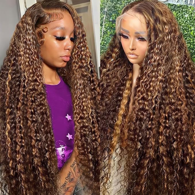 13x6 Highlight Deep Wave Lace Front Wigs Human Hair 210% Density Deep Curly Human Hair Wig Pre Plucked 28inch P4/27 Ombre HD Lace Frontal Wigs for Women