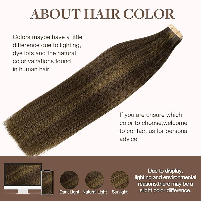 GOO GOO Tape in Hair Extensions Human Hair, 2C/4E/6C Brown Sugar Swirl Highlights, 12inch 40g 20pcs, Skin Weft Seamless Invisible, Silky Straight with Thick Ends, Remy Human Hair