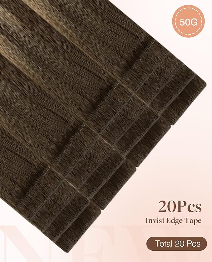 GOO GOO Invisi Edge Tape in Hair Extensions Human Hair, 4/27/4 Balayage Chocolate Brown to Caramel Blonde 20pcs 22inch 50g, Virgin Remy Hair, Seamless Injected Tape, Natural Look