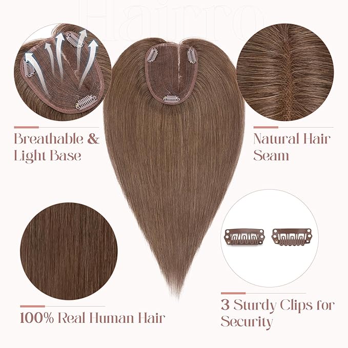 Hairro 100% Human Hair Topper No Bangs, Real Clip in Hair Hairpieces for Women, 3.94x4.72 Silk Base for Thinning Receding High Hairline, 12 Inch Dark Brown Side Part