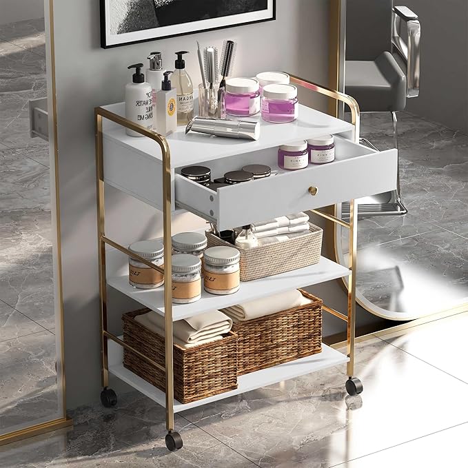 Salon Rolling Trolley with Lockable Wheels Barber Cart Storage Drawer Shelf Mobile Hair Station Cabinet for Beauty Makeup Spa Massage Lash Tattoo Pedicure
