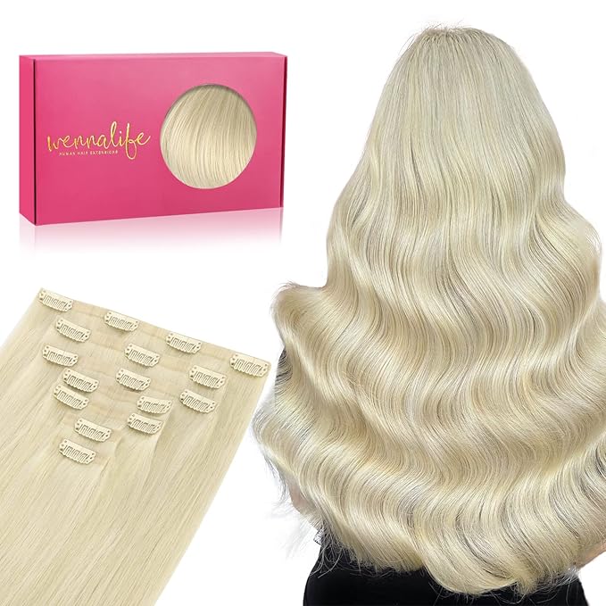 WENNALIFE Seamless Clip In Hair Extensions Human Hair, 16 Inch 130g 7pcs Bleach Blonde Real Hair Extensions Clip in Human Hair Invisible PU Skin Weft Natural Remy Human Hair Extensions