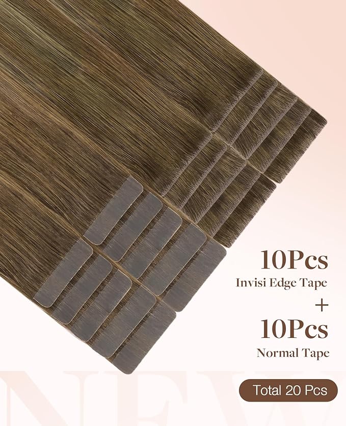 GOO GOO Invisi Edge Tape in Hair Extensions Human Hair, 3/8/613 Walnut Brown to Ash Brown and Bleach Blonde 10pcs injected with 10pcs classical tape ins, 20inch 50g, Virgin Remy Hair, Natural Look