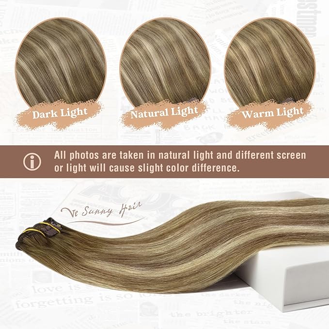 Ve Sunny Clip in Human Hair Extensions Balayage Clip in Hair Extensions Real Human Hair 24 Inch Long Straight Remy Hair Extensions Clip ins Dark Brown to Light Brown with Blonde 120g 7Pcs