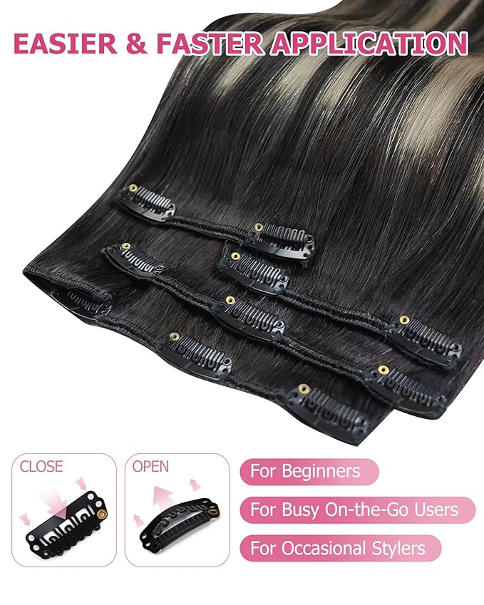 YoungSee Clip in Human Hair Extensions Natural Black Mix Grey Balayage Clip on Hair Extensions for Women Black Ombre Hair Extension Clip ins Silky Straight Hair 20inch 120g