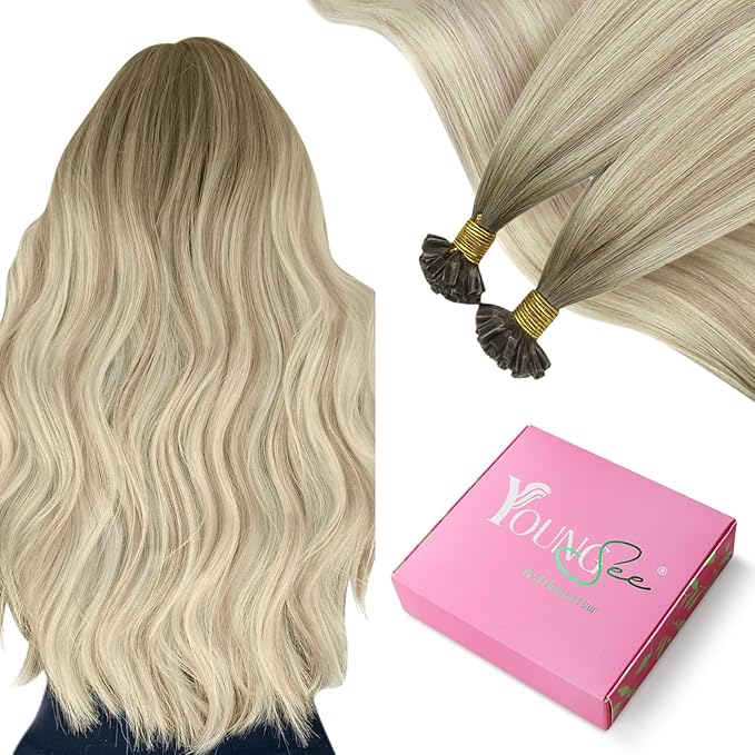 YoungSee U Tip Hair Extensions Human Hair Ash Blonde with Platinum Blonde Balayage Utip Real Hair Extensions for Women 20In 1G/S 50G