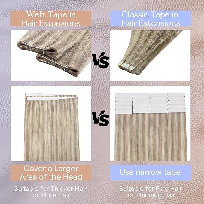 Full Shine Human Hair Extensions Tape in Color 18/613 Highlight Blonde Long Tape Weft Invisible Tape in Weft Hair Exensions Human Hair Weft Extensions 50G One Piece Travel Friendly Styling 20Inch