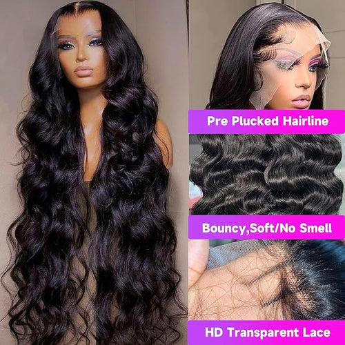 34 Inch 13x6 HD Body Wave Lace Front Wigs Human Hair Pre Plucked 200 Density Brazilian Virgin Human Hair Wigs for Women Glueless Lace Frontal Wig Natural Black Body Wave Wig