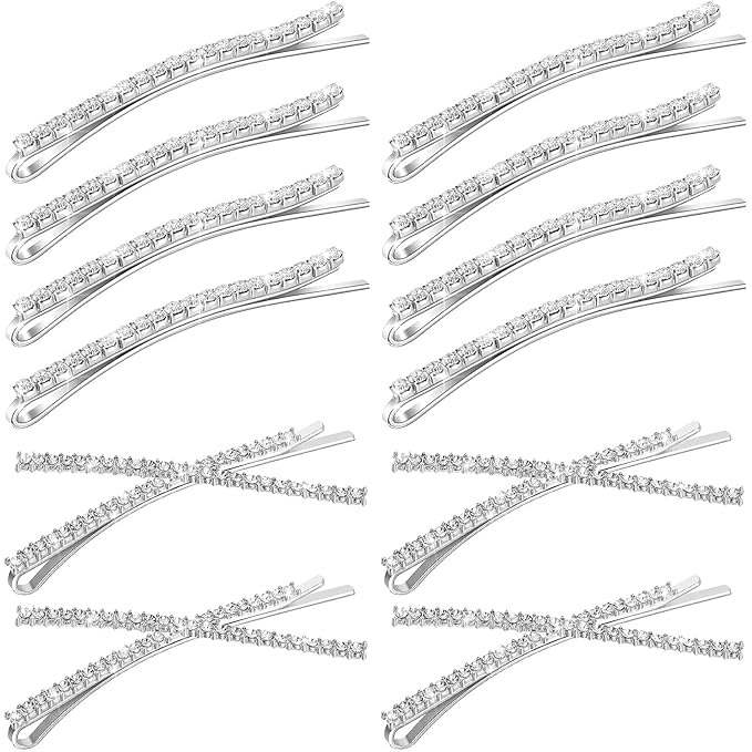 12 Pieces Rhinestone Bobby Pins Decorative Fancy Crystal Hair Clips Shiny Metal X Shaped Barrettes Bling Diamond Wedding Bridal Shower Hair Accessories for Women Ladies Girls (Silver)
