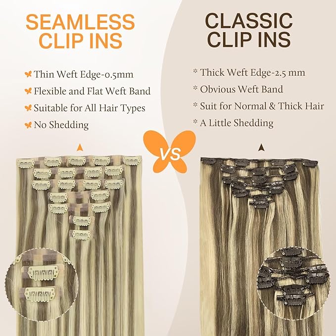 DOORES Real Human Hair Extensions, Light Brown Highlighted Medium Blonde, 7pcs 110g 16 Inch Seamless Clip in, Remy Hair, Natural Straight, Invisi Edge