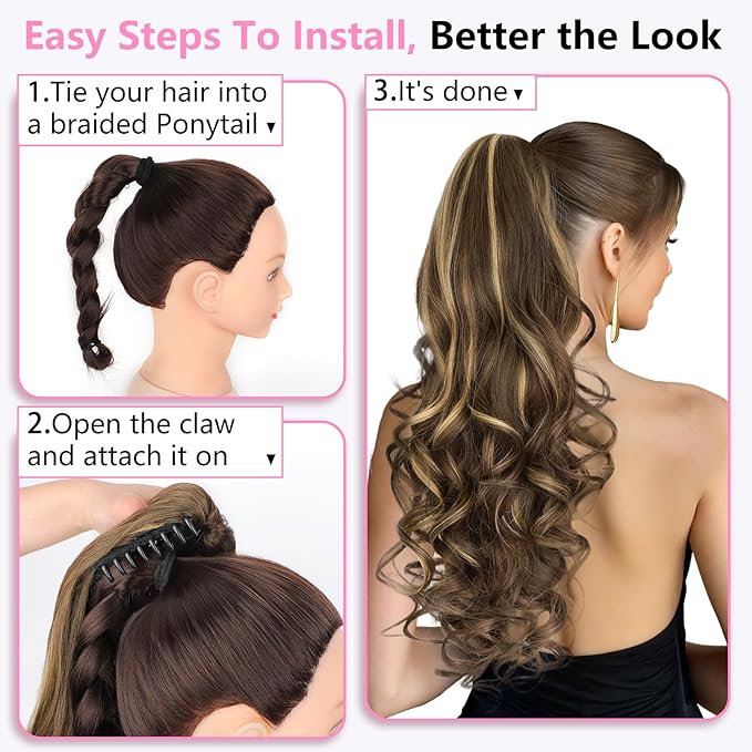 ALXNAN Ponytail Extension,24 Inch Claw Clip in Long Curly Wavy Chocolate Brown with Highlights Ponytail Hair Extension Jaw Clip on Pony Tails Hairpiece for Women