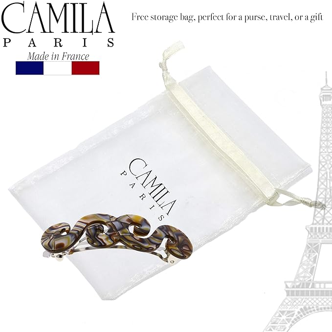 Camila Paris CP2485 French Hair Barrette Clip for Girls, Handmade, Onyx, Gold Metal Clasp Strong Hold Grip Hair Clips for Women, No Slip and Durable Styling Girls Hair Accessories, Made in France