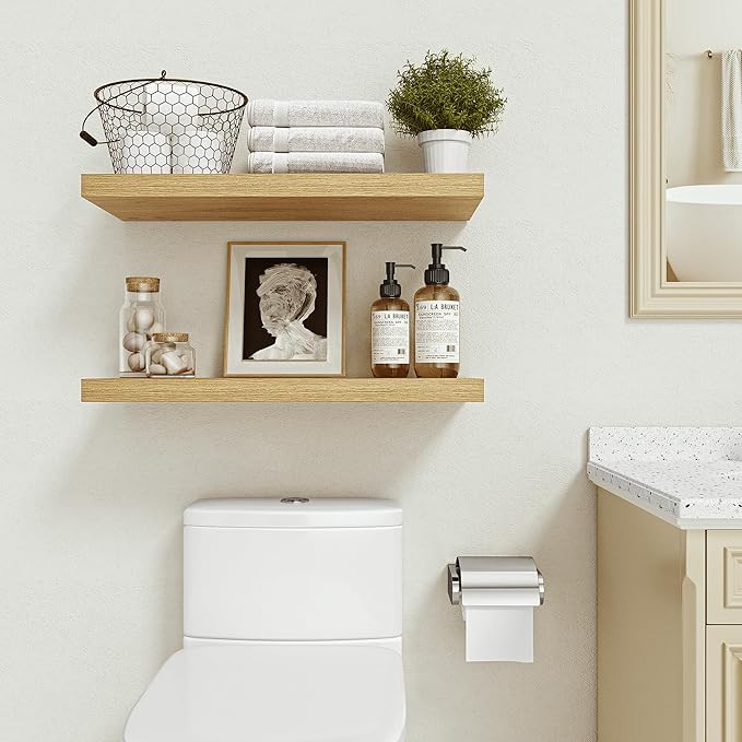 Floating Shelves for Wall 24 inchs Long, 9.2” deep x 1.5” Wall Shelf for Bedroom, Bathroom, Living Room, Kitchen, Office Home Decor, Deep Wood Shelves with Invisible Brackets, Set of 2, Oak