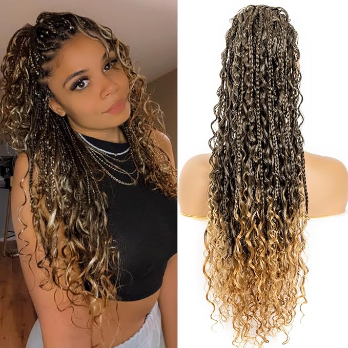 Drawstring Ponytail for Women 24 inch Boho Braids with Long Wavy Hair Clip in Synthetic Hair Extension for Daily Use (T1B/27#, 24 Inch)
