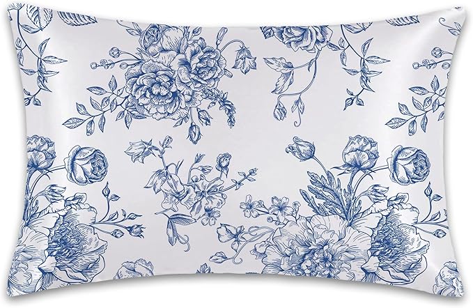 Satin Pillowcase 1 Pack-Blue Flowers Peonies Roses Silky Pillow Cover for Hair and Skin,King Size 20x36 Inch Soft Cooling Printed Pillow Cases with Hidden Zipper,Gifts for Women Men