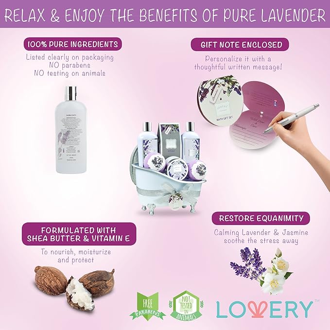 Christmas Gift Baskets for Women Bath Gift Set for Women, Bath and Body Spa Set Lavender and Jasmine with Large Bath Bombs, Salts, Shower Gel, Body Butter Lotion, Bath Oil, Bubble Bath, Loofah & More