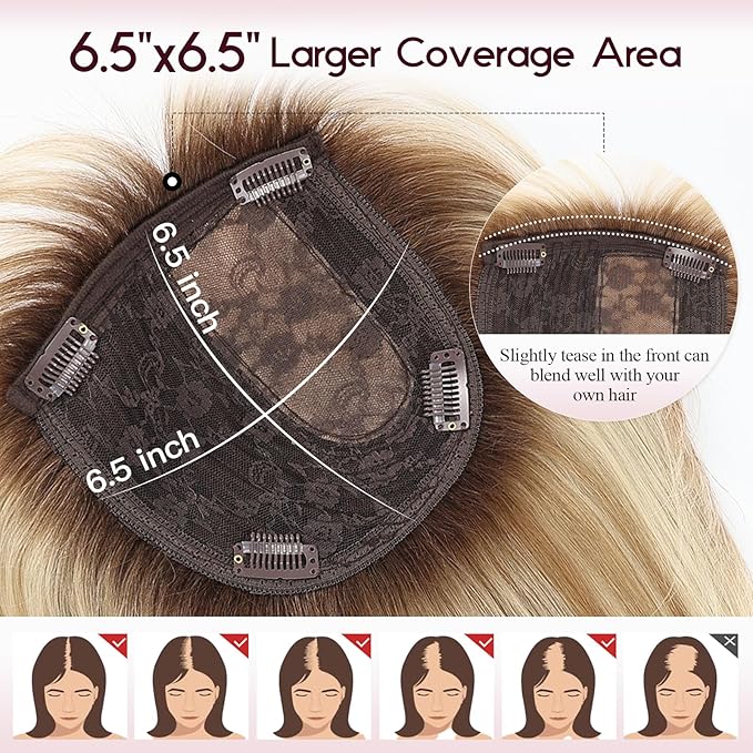 EMMOR Human Hair Toppers for Women Short Bob Real Hair with Bangs 10" Side Part Hairpieces for Women with Thin Hair 6.5" × 6.5" Larger Base Human Wig Toppers(Ombre Blonde & Brown Highlight)