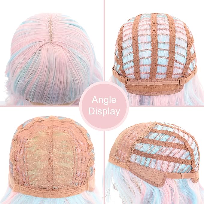 FAELBATY Mix Pink Wave Bob Wigs With Bangs Synthetic Cosplay Wig for Girl Shoulder Length Wig for Women Costume Wigs Candy Color(12" Mixed Blue Pink)