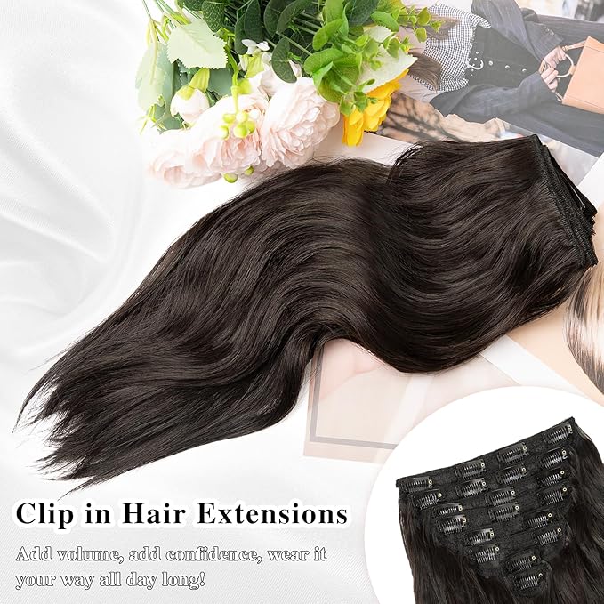 Clip in Hair Extensions, 16 Inch Natural Black Curly Hair Extensions Clip Ins, 8PCS Synthetic Hairpieces for Thinning Hair