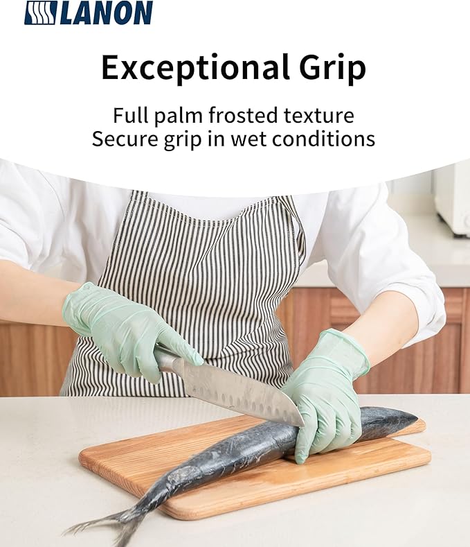 LANON 5 mil Vitamin-E Coated Latex Disposable Gloves, Food-Contact Grade, Fully Textured, Green, Small