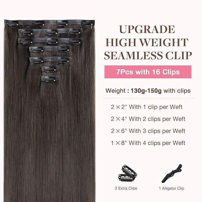 GOO GOO Clip in Hair Extensions Real Human Hair, Remy Human Hair Extensions Clip ins for Women, Natural Human Hair, 20inch 150g 7Pcs, 1C Mocha Brown