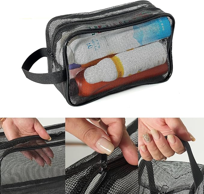 Black Mesh Shower Tote Bag - 6.5×10.2Inch Portable Quick-Dry Hanging Pouch for Bathroom, Gym, Camping, Toiletry Organizer