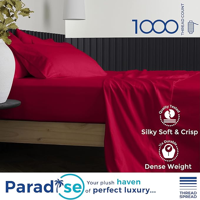 THREAD SPREAD 100% Egyptian Cotton Pillow Cases - 1000 Thread Count Pillow Cases Queen/Standard Size Set of 2, Soft, Breathable Extra Long Staple Sateen Weave Cotton Pillow Covers for Bed - Red