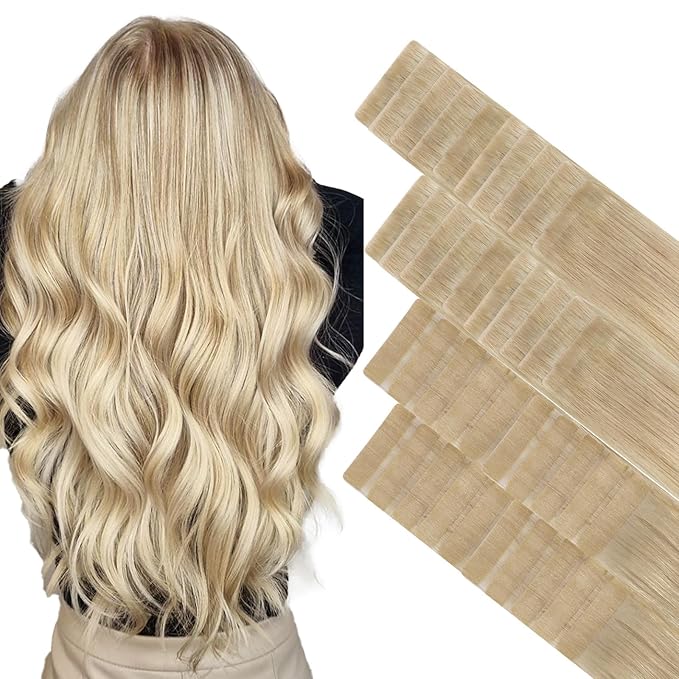 GOO GOO Invisi Edge Tape in Hair Extensions Human Hair, 18ET90A Natural Blonde Balayage 20pcs injected with 20pcs classical tape ins, 24inch 100g, Virgin Remy Hair, Natural Look