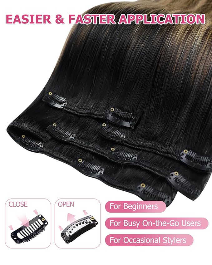 YoungSee 18 Inch Clip in Hair Extensions Black Ombre 120G Clip in Human Hair Extensions Balayage Natural Black Ombre Dark Brown Mix Caramel Brown Clip ins Extensions Ease of Use 18In 7Pcs