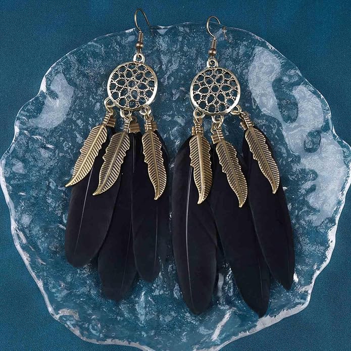 Boho Black Feather Dangle Earrings Long Feather Tassel Earrings Vintage Tribal Feather Earrings Gold Feather Drop Earrings Jewelry for Women
