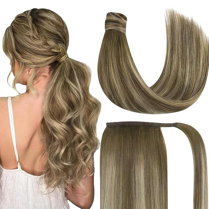 Ve Sunny Hair Extensions Ponytail Real Human Hair Wrap Around Clip in Ponytail Hair Extensions Straight Extensions Human Hair for Women Walnut Brown Ombre Light Brown Balayage Blonde 20inch 80G