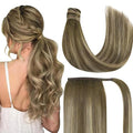 Ve Sunny Hair Extensions Ponytail Real Human Hair Wrap Around Clip in Ponytail Hair Extensions Straight Extensions Human Hair for Women Walnut Brown Ombre Light Brown Balayage Blonde 16inch 80G