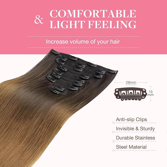 GOO GOO Clip in Hair Extensions Real Human Hair, Remy Human Hair Extensions Clip ins for Women, Natural Human Hair, 22inch 150g 9Pcs, 1D/2C/4E Chocolate Dip Color Melt