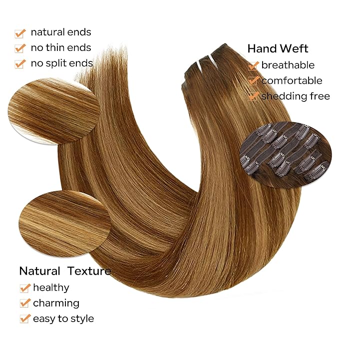 Straight Clip In Hair Extensions Real Human Hair 8Pcs Clip In Balayage Chocolate Brown to Caramel Blonde Human Hair Extensions with 18Clips Lace Weft 120g 24inch