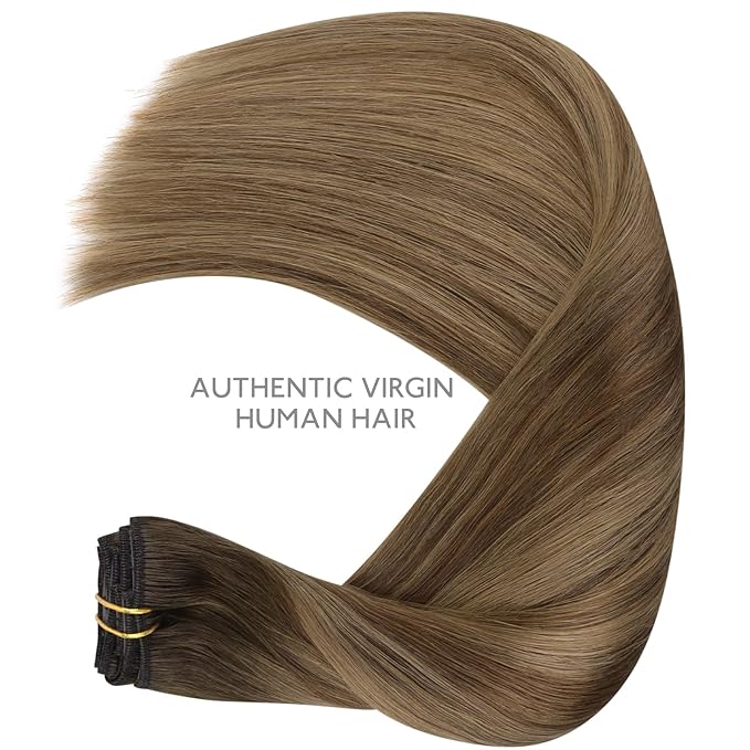 WENNALIFE Clip in Hair Extensions - Real Human Hair, 18 Inch 120g 7pcs, Light Ash Brown to Warm Chocolate Highlighted Caramel Blonde