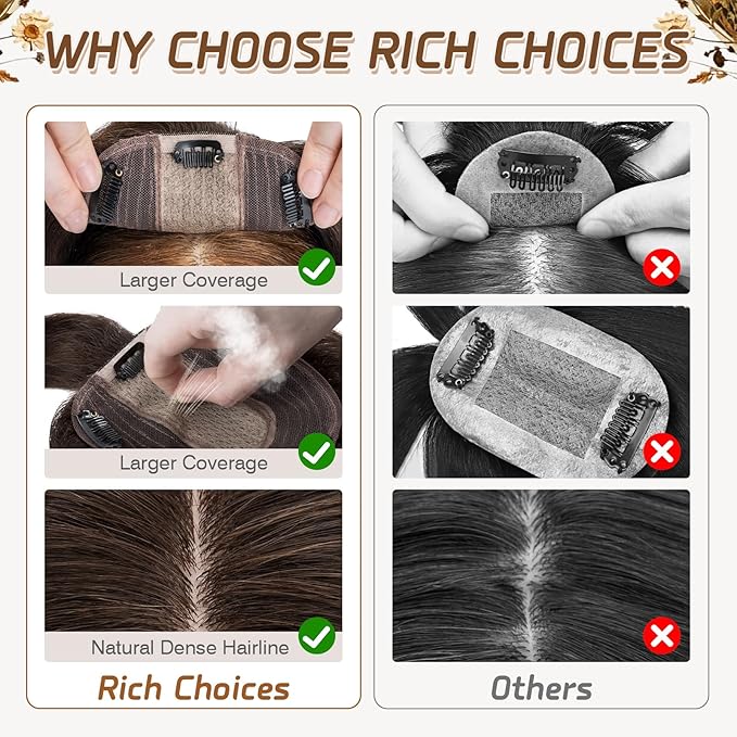Rich Choices Real Human Hair Toppers for Women With Bang 100% Remy Human Hair Topper for Thinning Hair Clip in Silk Base Hair Topper 14 Inch #2 Dark Brown