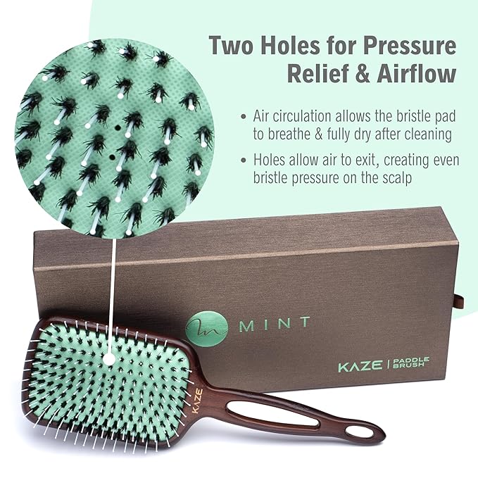 Eco-Friendly Boar Bristle Paddle Hair Brush for Women by MINT | Anti-Breakage Detangling Brush Great for Color-Treated Hair, Extensions and All Hair Types | Hand-Crafted Wooden Handle