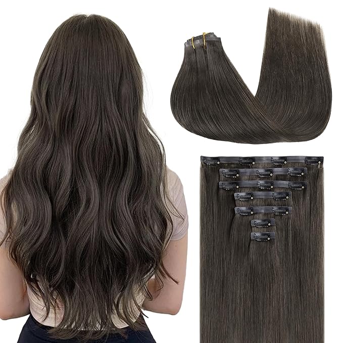 GOO GOO Clip in Hair Extensions Real Human Hair, Remy Human Hair Extensions Clip ins for Women, Natural Human Hair, 22inch 110g 7Pcs, 1C Mocha Brown